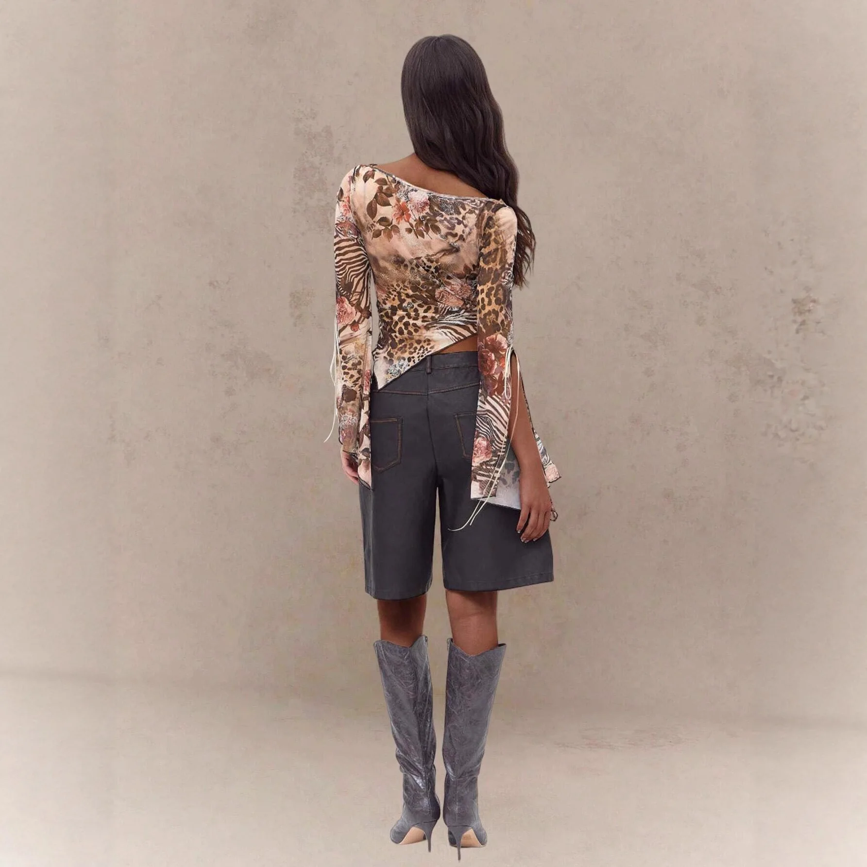 2026 Women's Elegant Leopard Floral Patchwork Slim Fit Versatile Casual Asymmetrical Neck Flare Sleeve Sheer Crop Retro T-Shirt
