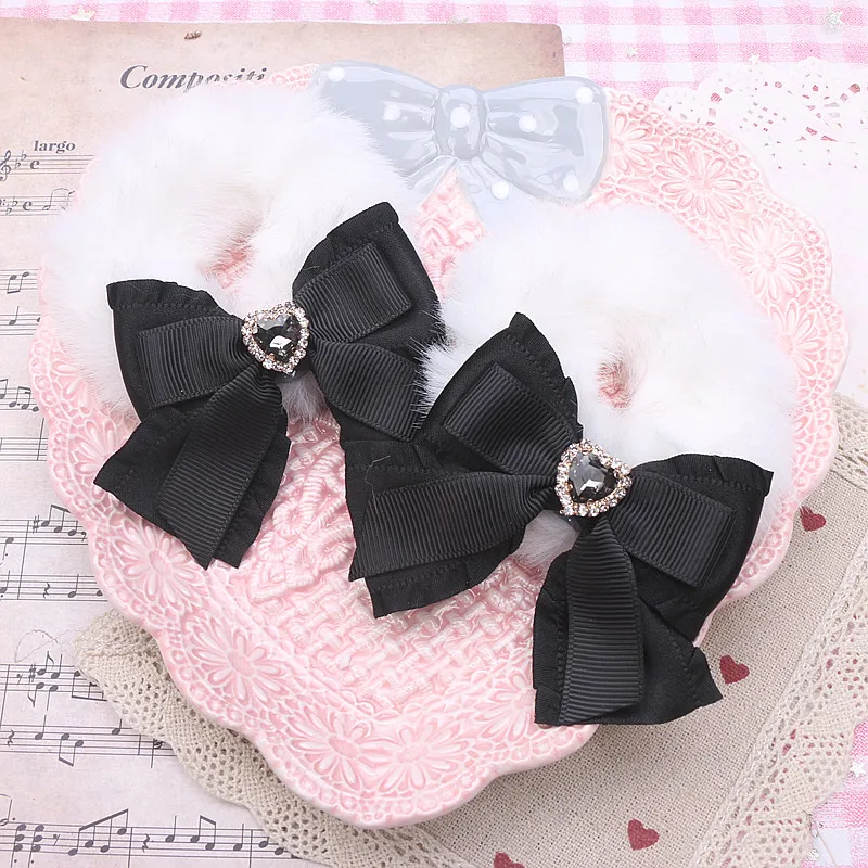 Handmade Mine Sweet Cute Bow Heart Shape Rhinestone Furry Hair Ring Hair Accessories Lolita Headdress for Women Hair Ties