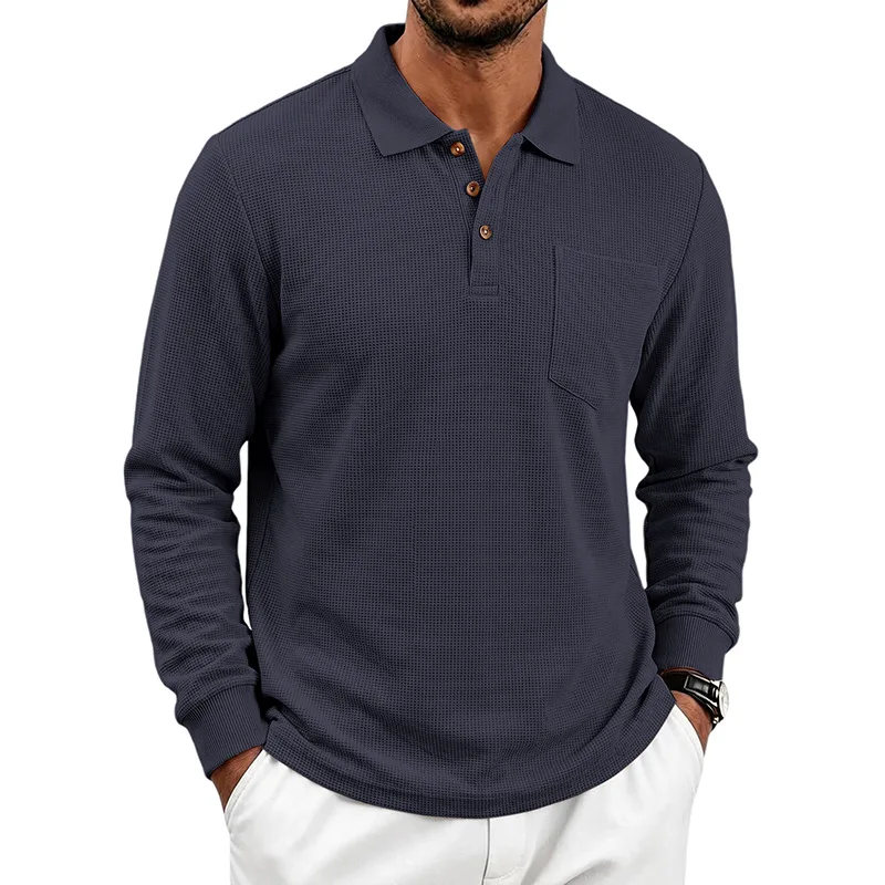 Men's Waffle Heavy Simple Long Sleeve Polo Shirt Solid Color Lapel Pocket