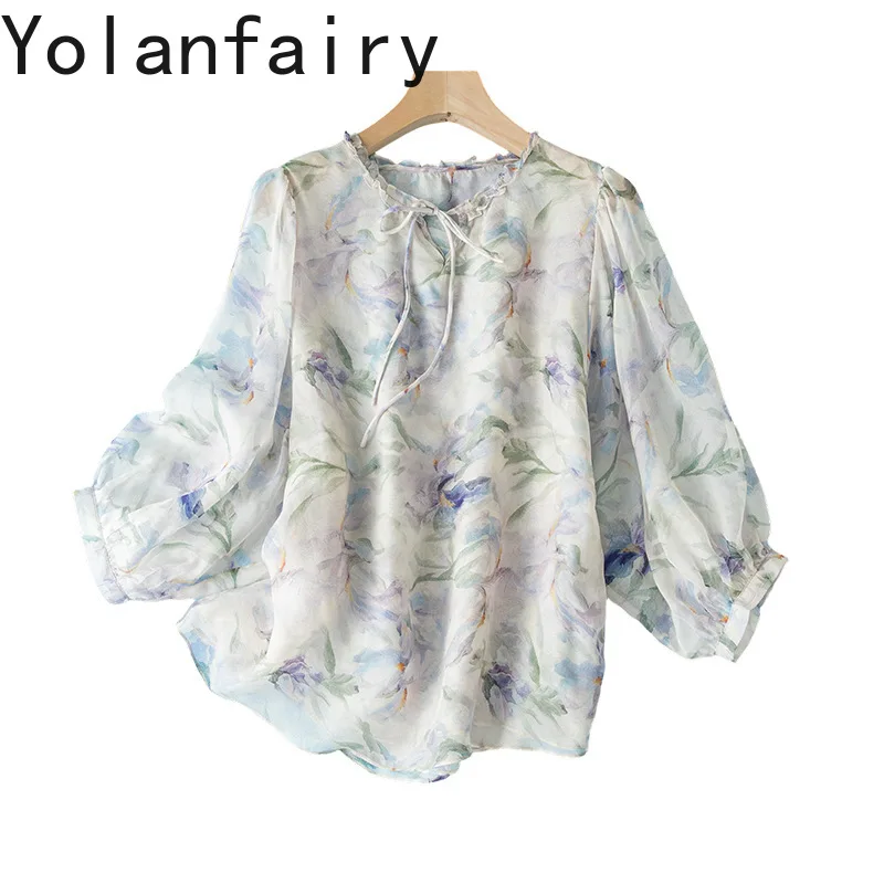 

YOLANFAIRY 100% Natural Mulberry Silk Blouse Woman Elegant Summer Fashion Printed Shirts Women Top Beautiful Shirts and Blouses