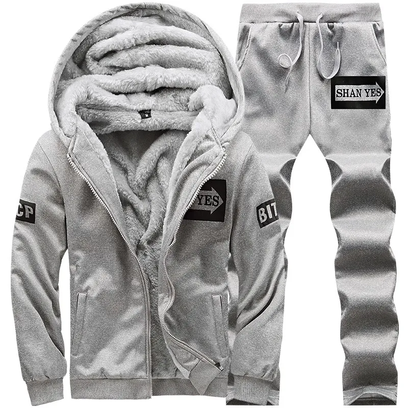 Men Sherpa Fleece Lined 2Pcs Tracksuit Hooded Jacket & Sweatpants Letter Print Winter Warm Sports Suit
