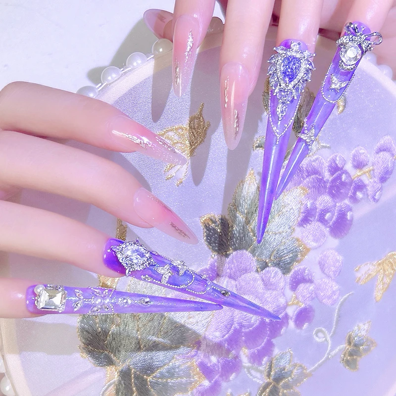 

14Piece（4long+10short）Palace Style Press On Nails, Purple Exquisite Gemstone Rhinestone Decor, Long Stiletto Shape, Inspired