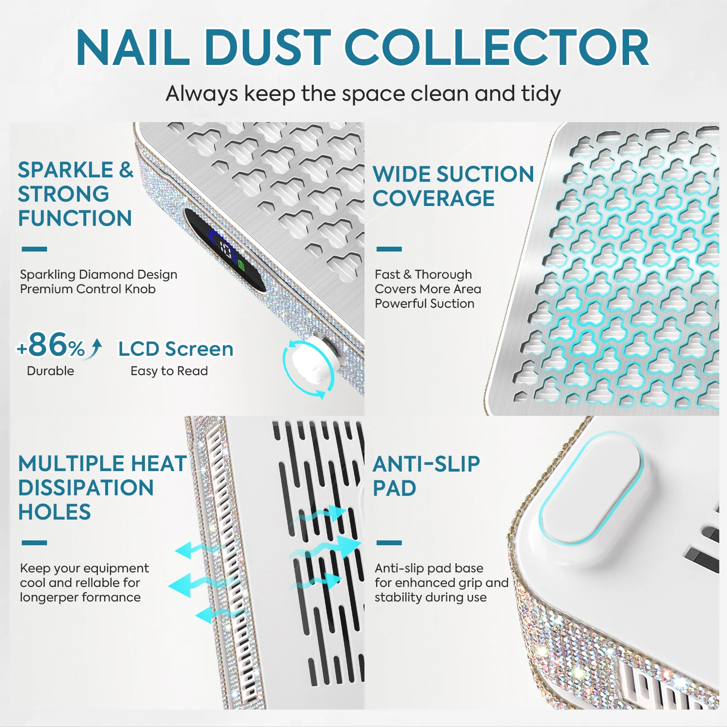 럭셔리 다이아몬드 네일 먼지 수집기 충전식 진공 청소기 LCD 디스플레이, 조절 가능한 속도, 자석 커버 포함
