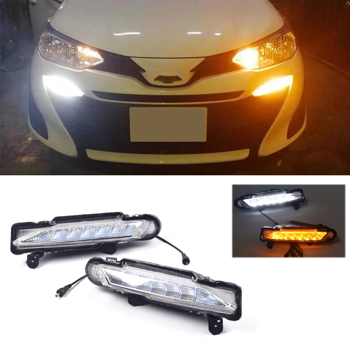 2pcs White Amber LED DRL Daytime Running Lights w/ Turning Signal Fog Lamp for Toyota Yaris 2017 2018 2019 Car Accessories