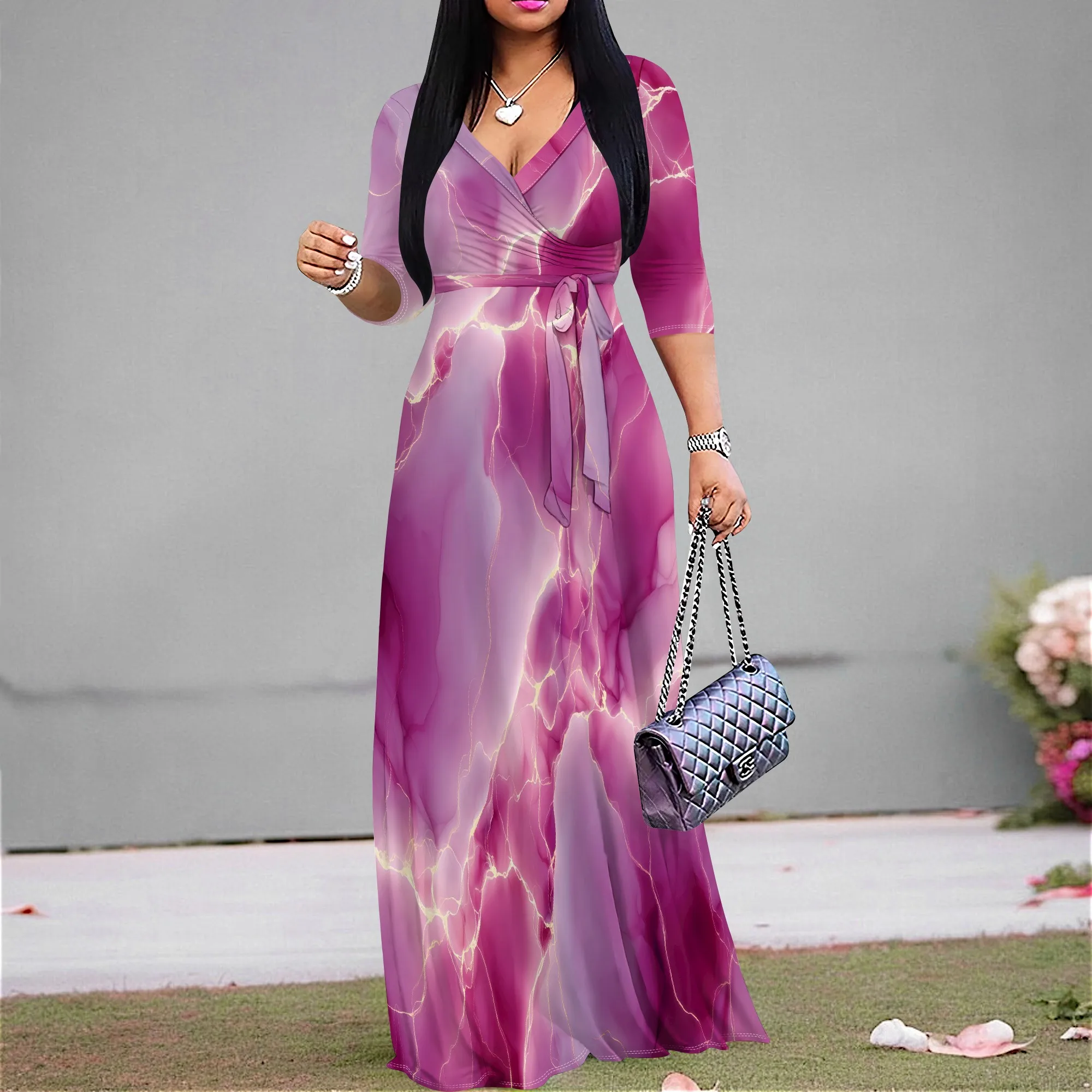 

Marble Print Maxi Dress for Women 2025 Plus Size V Neck Long Sleeve Elegant Casual Party Dress XS-3XL