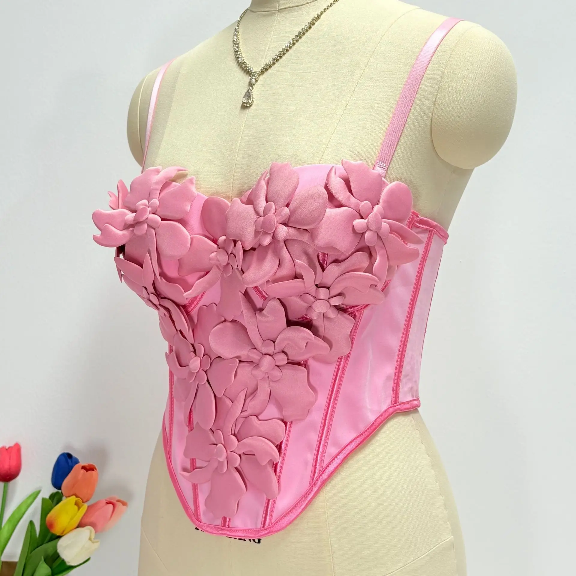 Women's Shapewear Corset Tops Elegant 3D Flower Decor Camisoles Sweetheart Neck Sleeveless Spaghetti Strap Triangle Hem Bustiers