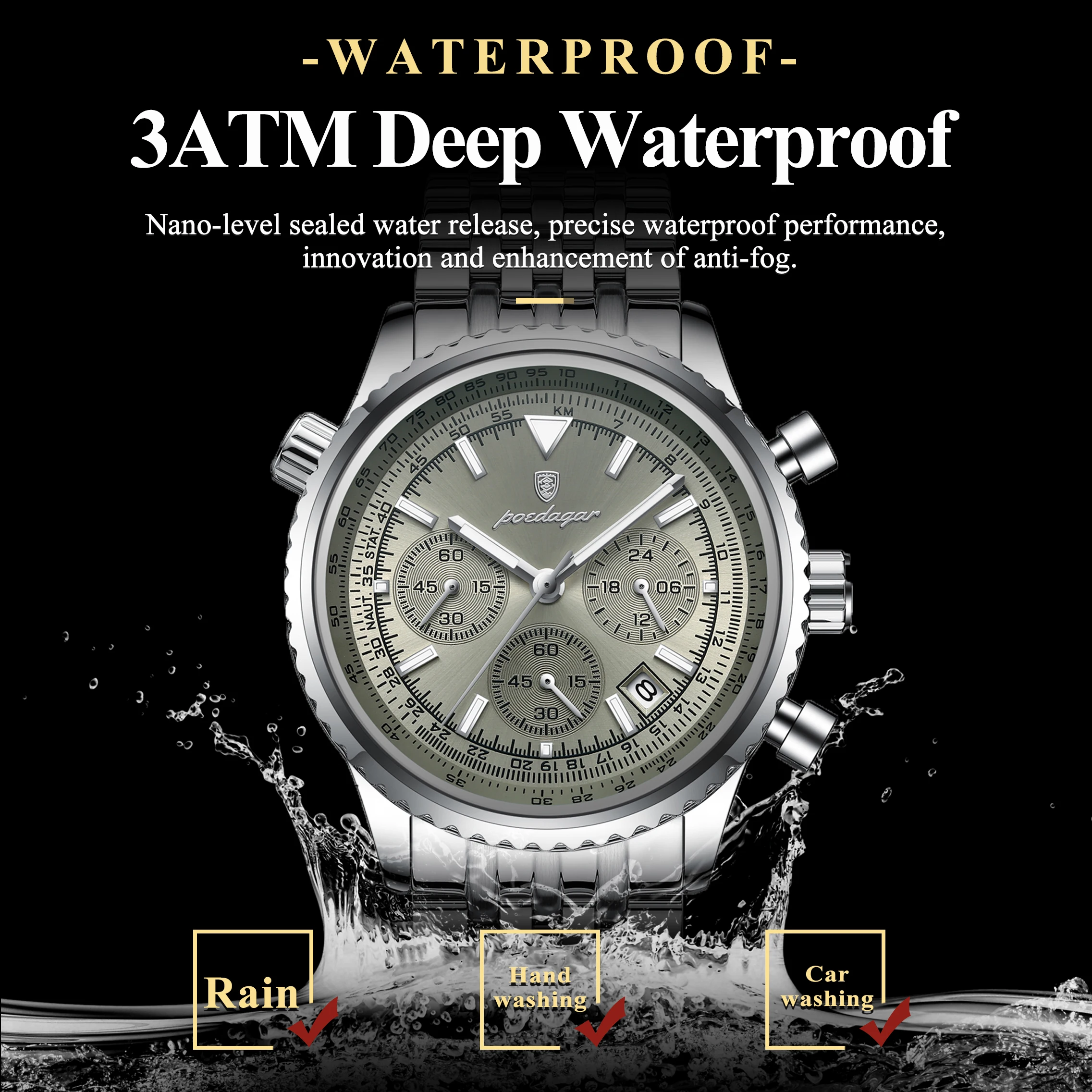 POEDAGAR Jam Tangan Kuarsa Pria Modis Jam Tangan Pria Bercahaya Tahan Air Baja Tahan Karat Jam Tangan Chronograph Tanggal Multifungsi untuk Pria