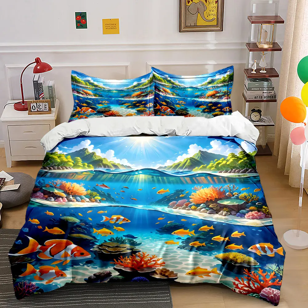 Vibrant underwater coral and fish scene Pattern Duvet Cover Set Digital Print Colorful Polyester Bedding with Zipper Closur