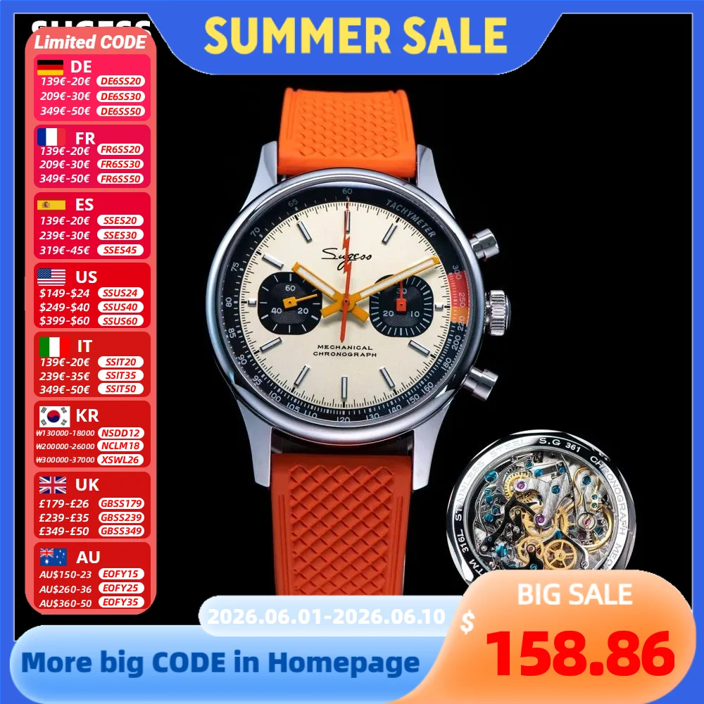 Sugess montre pilote ST19 mouvement d'origine montre-bracelet à col de cygne chronographe mécanique saphir cristal militaire course limitée 1963