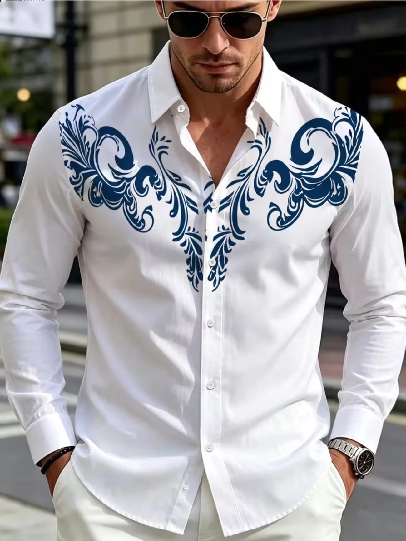 New black and red clover men's 3D printed long sleeved shirt with gold vine asymmetrical printing slim fit shirt