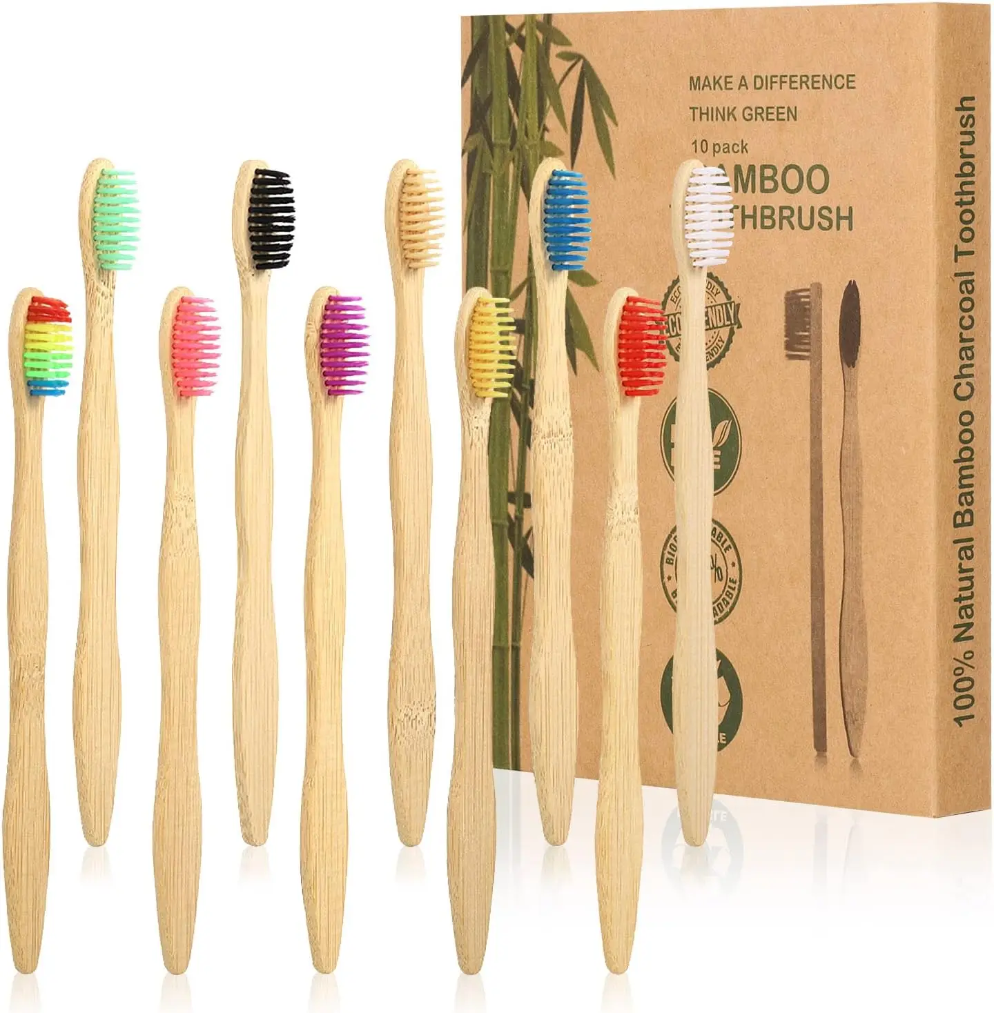 New 10 Pack Bamboo Toothbrushes Nylon Bristles Natural Biodegradable Eco-Friendly BPA Free Wooden Toothbrush Set,Assorted Colour