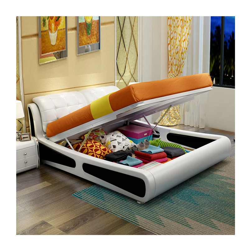 

For Direct Furniture Double king design Luxurious PU Leather frame Modern simple leather wedding bed storage soft bedding