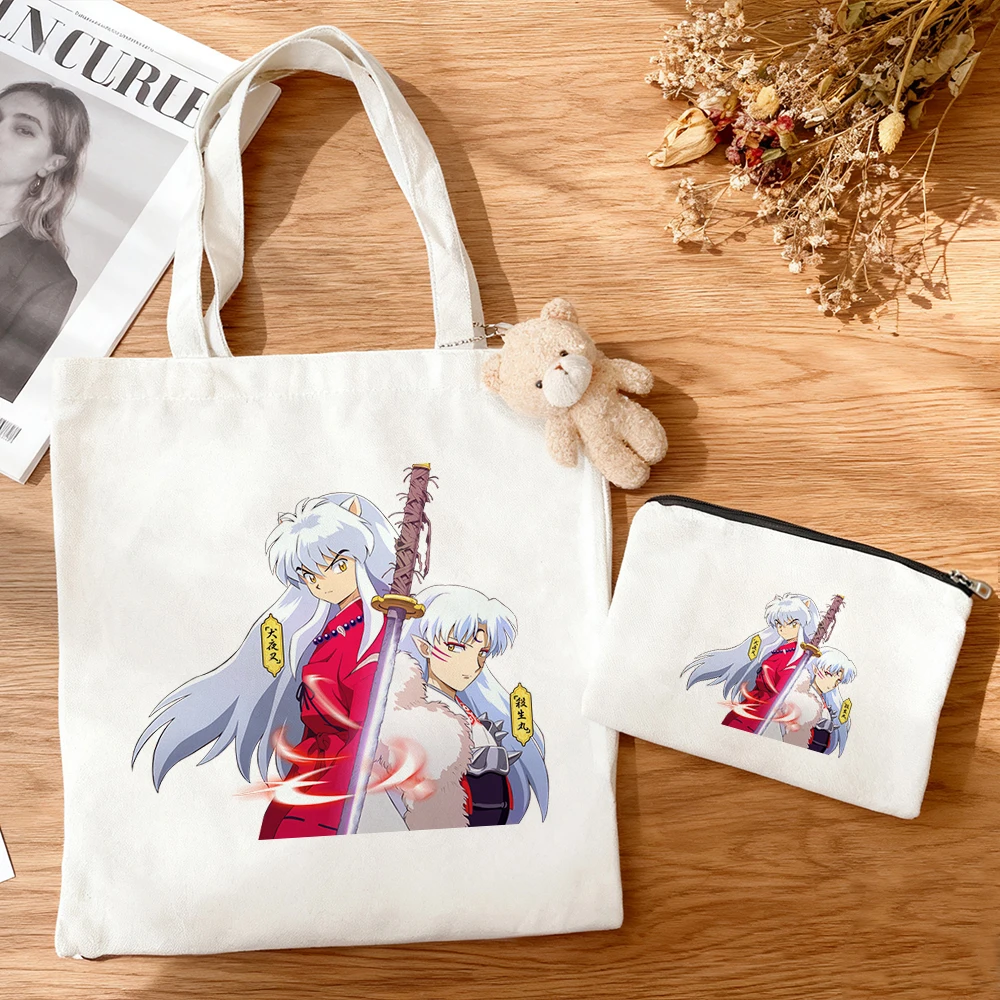 3pcs/set Inuyasha Canvas Tote Bag Anime Couple Character Print Eco Cotton Reusable Shopping Bag Otaku Daily Shoulder Handbag view 6