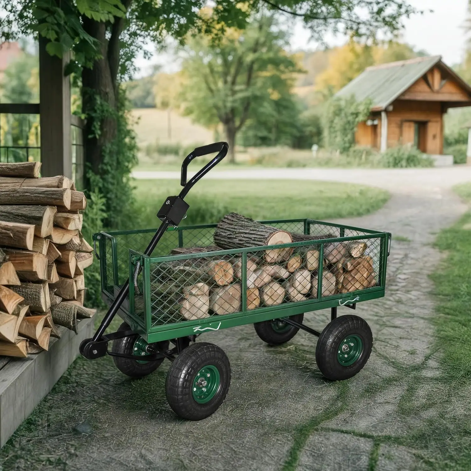 Chariot de jardin en acier à mailles, chariot utilitaire pliant avec perfections et (4) 10, capacité de 600 lb