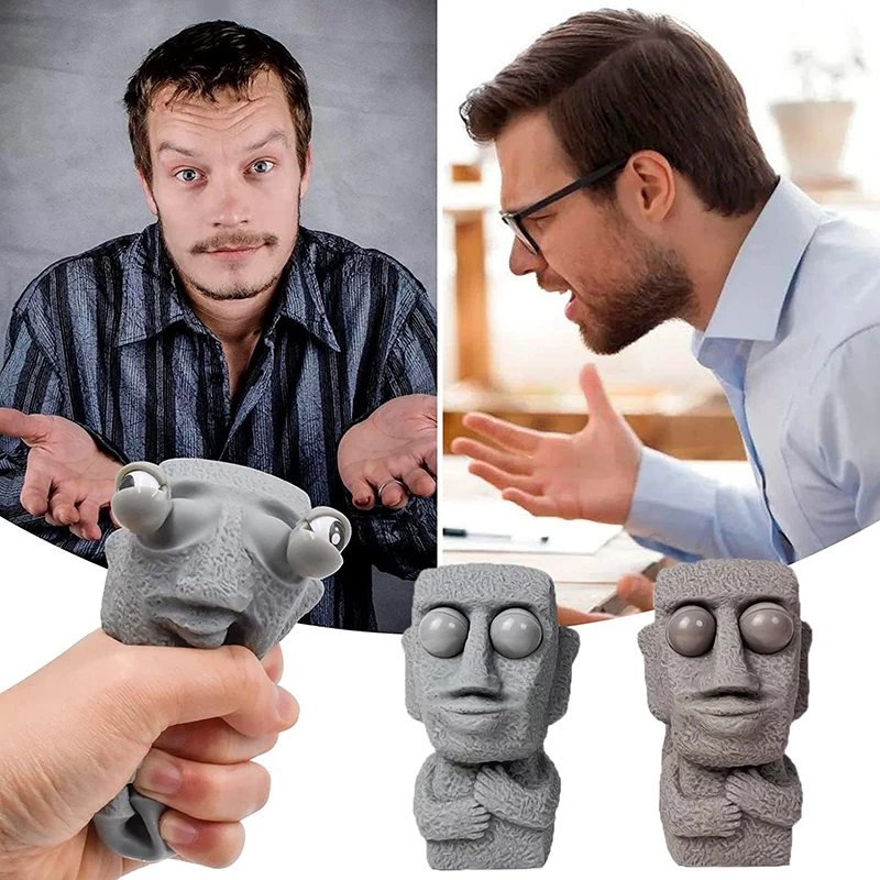 Stone Man Releases Stress Toy Slowly Rebounds Soft Moai Statue Squeeze Eyes Interested Expression Relaxes Stress Children's Gift