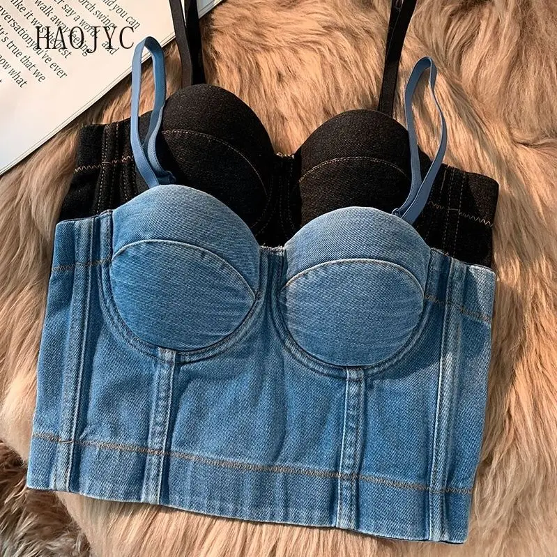 

Sweet and cool denim vest type gathering female tube top Spice girl suspender fish bone bra summer outerwear top