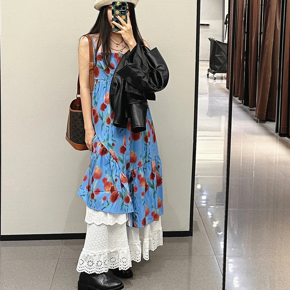 Sweet Sky Blue Tulip Floral Halter Dress Women Loose Slim Flower Slip Dress Floor-length Dresses Korean Aesthetic Summer Clothes