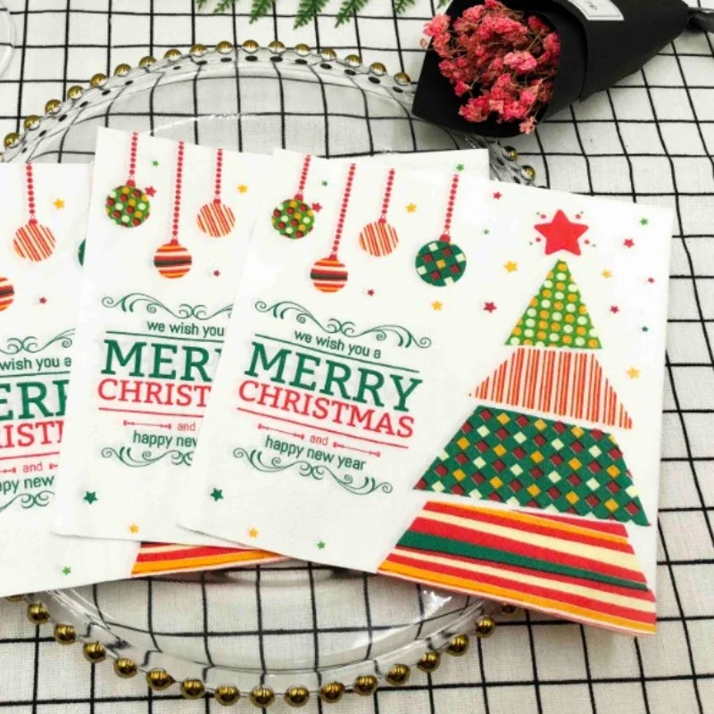 New Christmas Tree Colorful Printed Napkins Square Paper Napkins Restaurant Cafe Folded Facial Tissue 2 Ply 33*33cm Food Grade