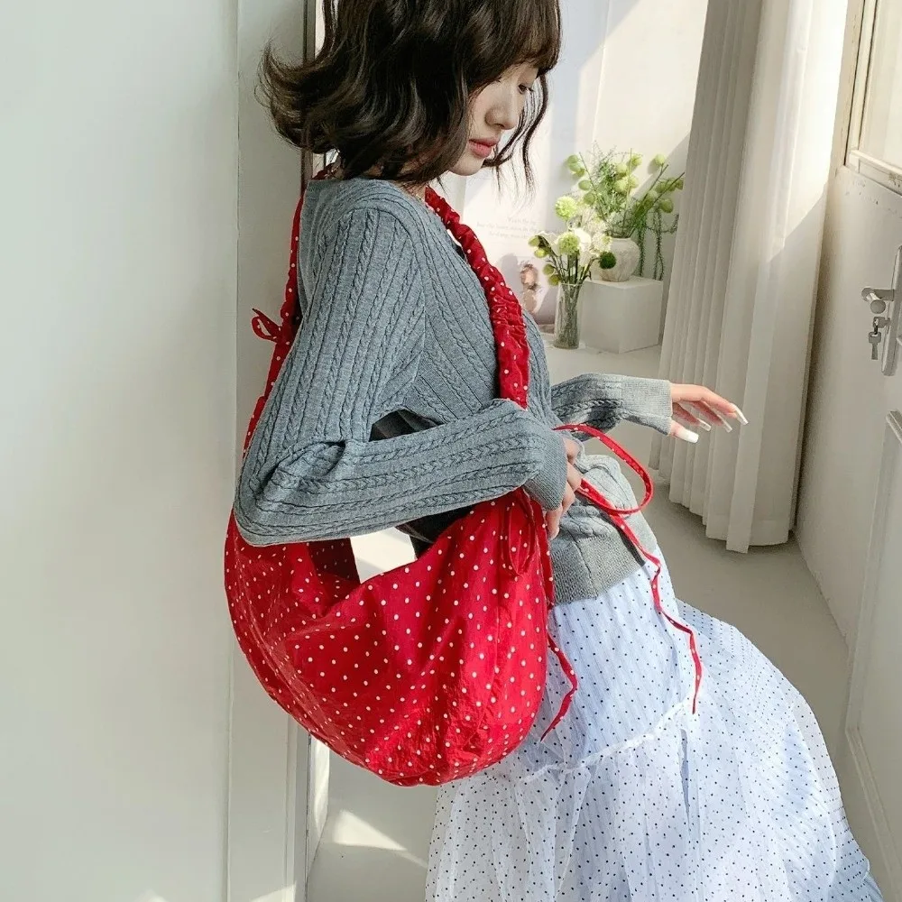 

Регулируемая нейлоновая сумка через плечо в горошек, легкая плиссированная сумка на шнурке, в балетном и корейском стиле