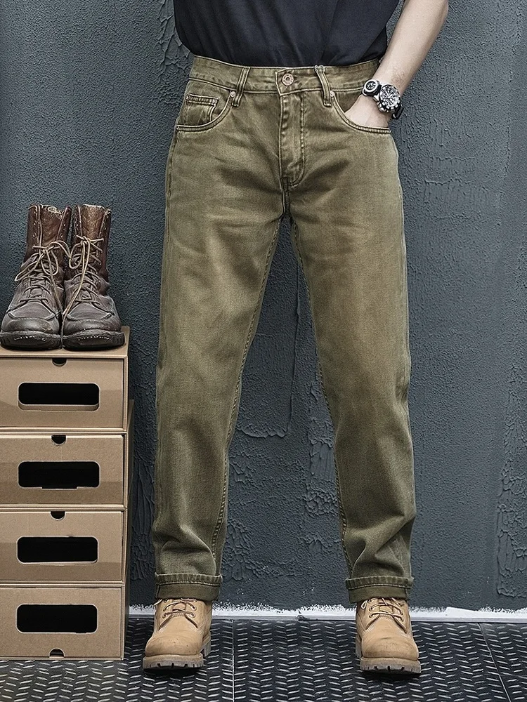 2025 Spring Autumn New American Retro Heavyweight Khaki Denim Jeans Men's Trendy 100% Cotton Washed Old Straight Casual Pants