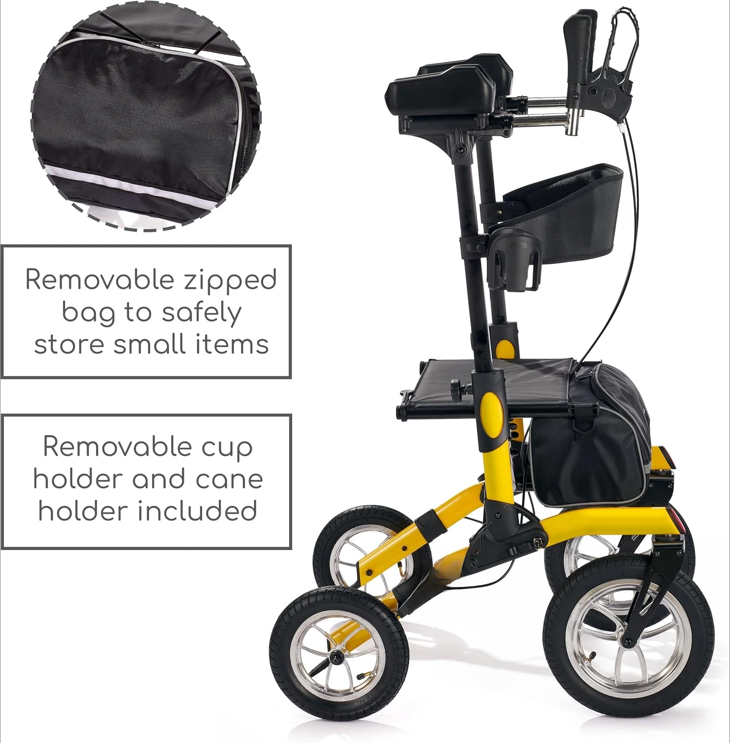 with Seat and Pneumatic Tires, 4 Wheel Folding Rolling Walker for Adults and Seniors with Cup and Cane Holder