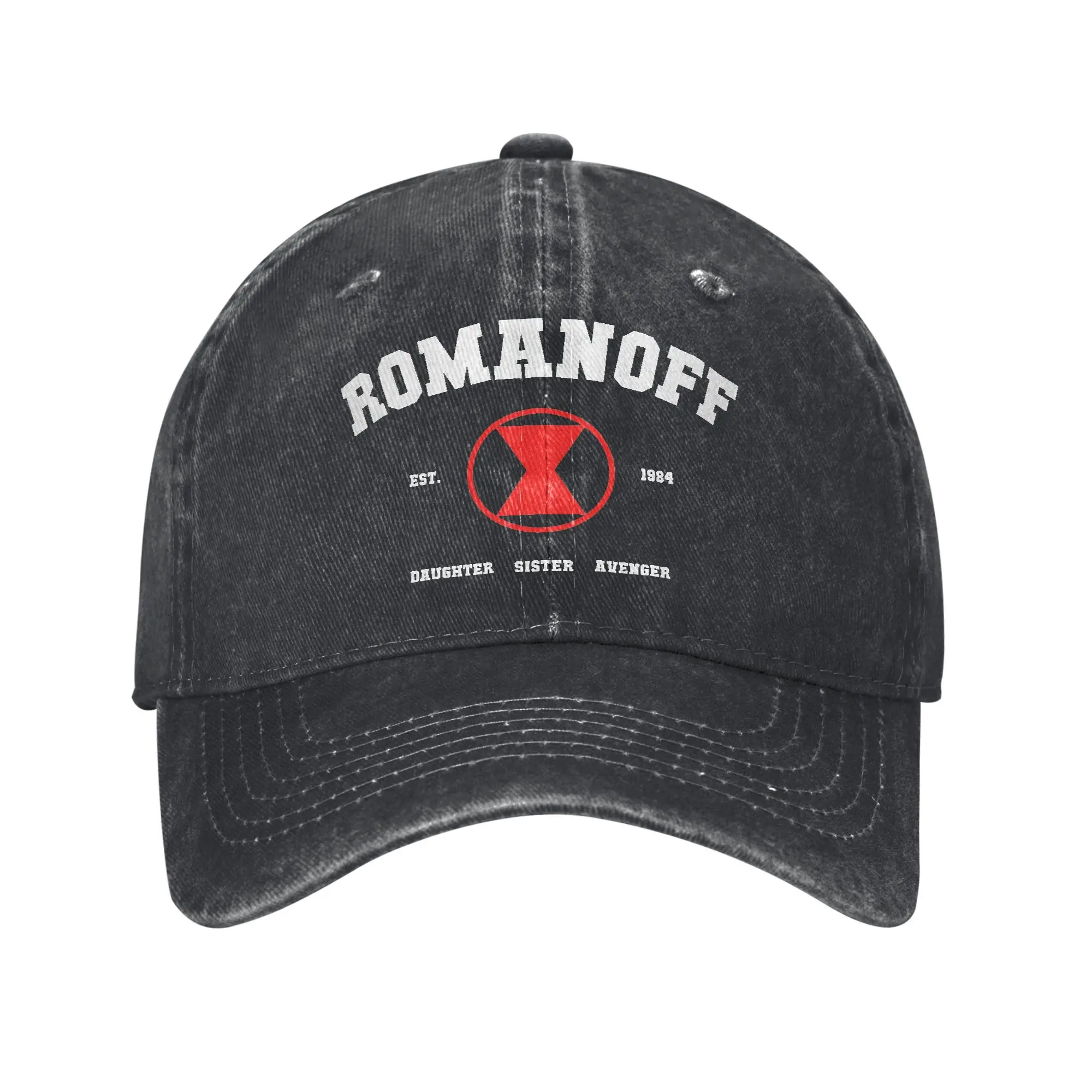

Romanoff Est. 1984 Widow Tribute Baseball Cap Men Women Distressed Washed Snapback Cap Avengers Superhero Outdoor Adjustable Hat
