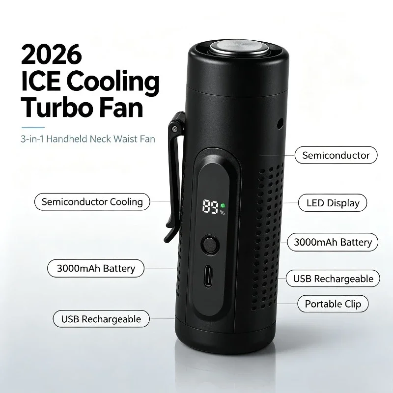 3-in-1 Semiconductor ICE Cooling Fan 3000mAh LED Display Portable Handheld Neck Waist Mini Turbo Fan