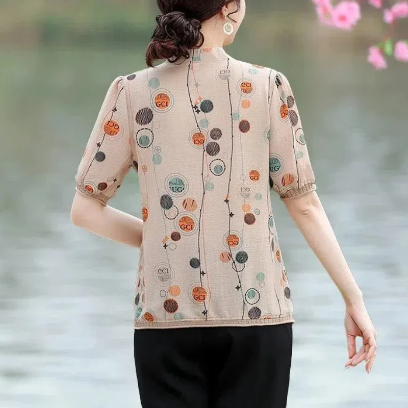 New Summer Women\'s Style V-Neck Short Sleeve Loose Thin Printed Classic Pullovers Plus Size Button Fashion Casual Commute Tops