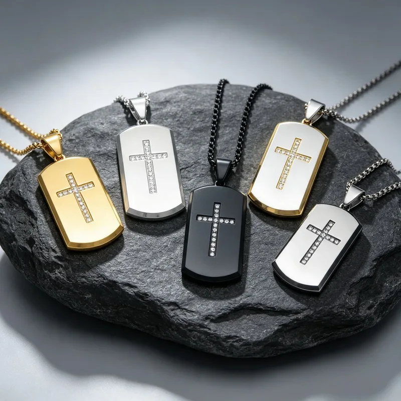 5pcs/lot Wholesale Men Stainless Steel Dog Tag Pendant Crystal Cross Inlay Male Religious Faith Jewelry Gift