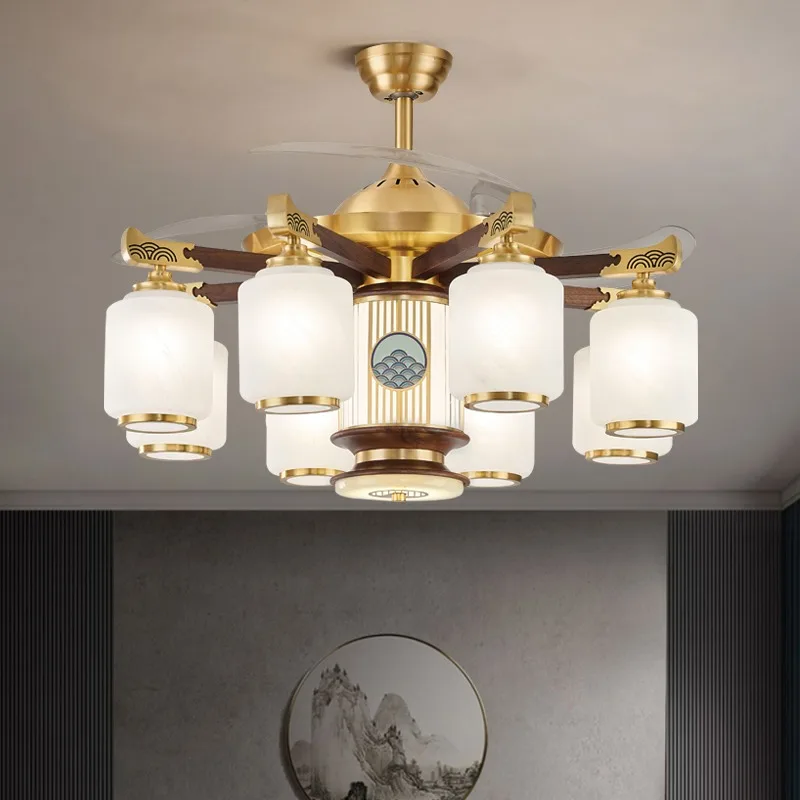 All copper new Chinese invisible fan light living room ceiling fan light dining room copper and wood