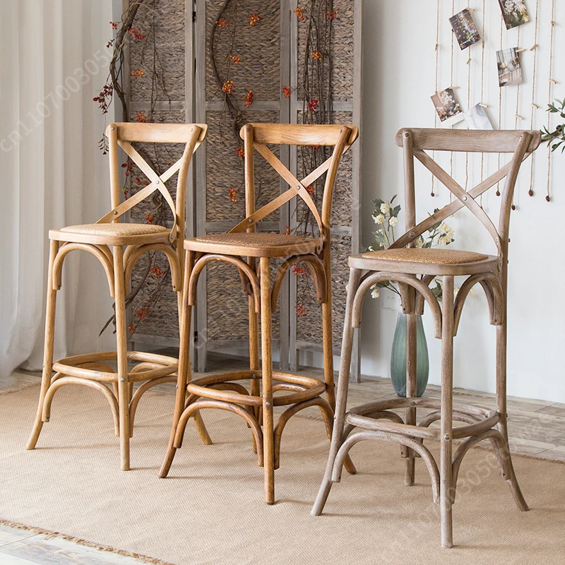 French Style Rattan Seat Bar Stool, X-Back Wooden Vintage Bar Chair with Footrest for Kitchen & Pub