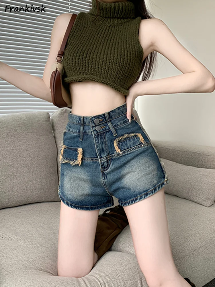 Frayed Shorts Women Washed Vintage Slim Hotsweet European Style Retro Fashion Casual High Waist Spring Streetwear Harajuku Solid