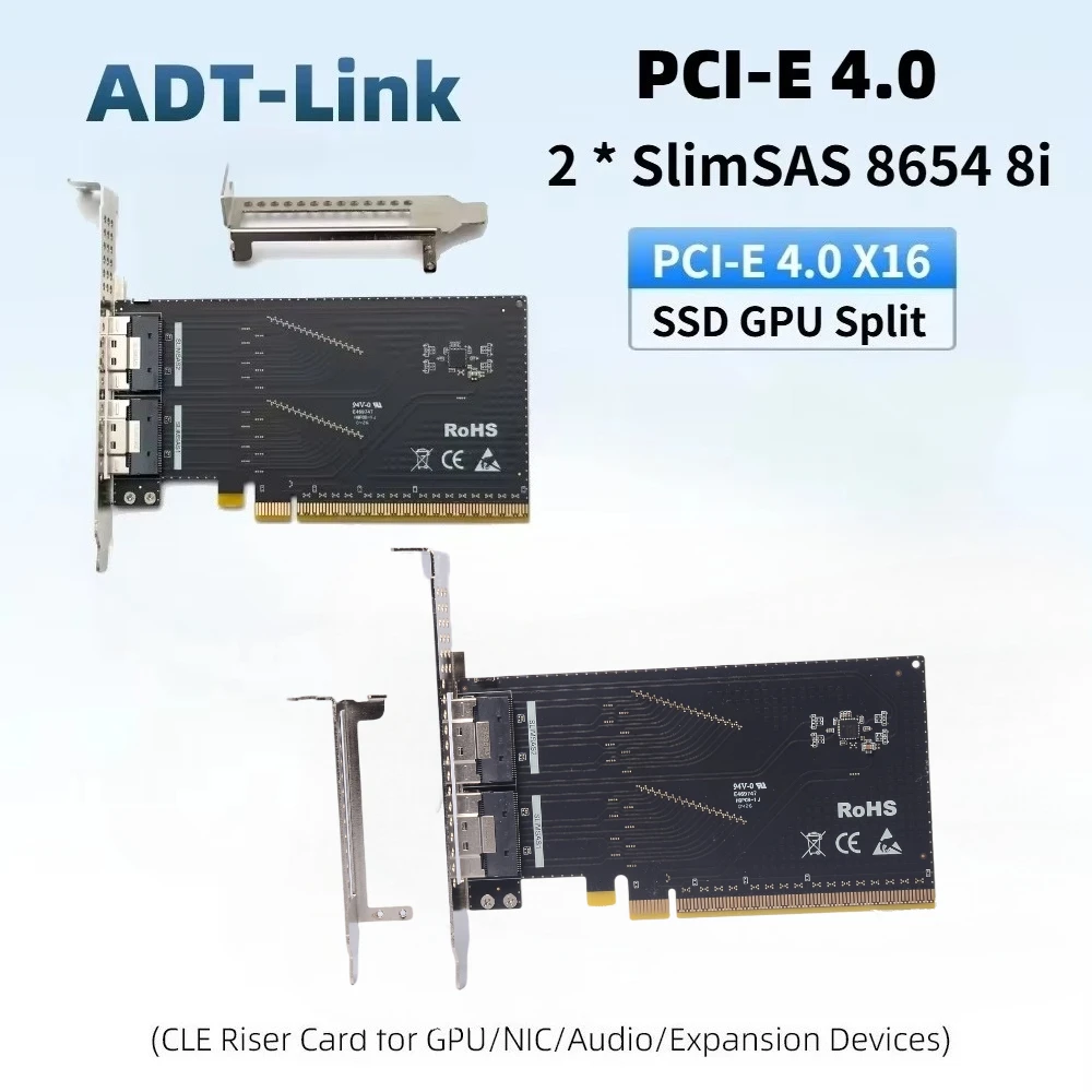 PCIe 4.0 X16 To SlimSAS 2* SFF-8654 8i Adapter Card Dual Ports PCI-E 3.0 NVMe SSD External Expansion Adapter- Desktop X86 Server