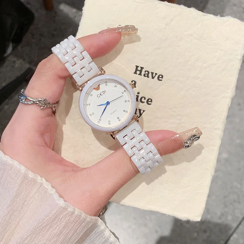 Ceramic women's watch, second-hand watch, white simple women's watch, light luxury temperament fashion women's watch