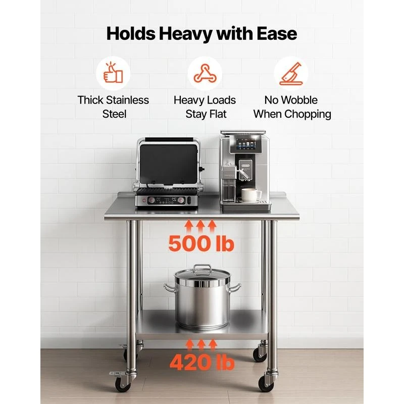 Stainless Steel Work Table, 24x36 inch Food Prep Table with Wheels and Backsplash, Commercial Kitchen Workstation with Adjustable Undershelf, Metal Utility Worktable, for Restaurant Home Outdoor - view 3