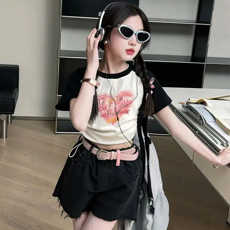 New Baby Girls Summer Fashion Teenage Black Pink  Sets,    Love Pattern T-shirt + Shorts    Princess Cute  Suits   5-12T