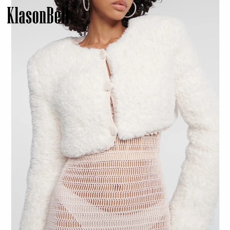 7.29 KlasonBell Women Hand Crochet Knit Single Breasted Crop Plush Coat O-Neck Long Sleeve Temperament White Cardigan