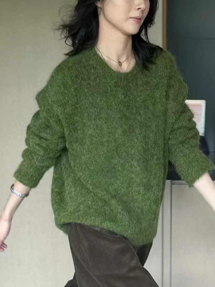 Damski sweter w jednolitym kolorze, miękki, w stylu lazy, luźny, z okrągłym dekoltem, dzianinowy top na jesień i zimę.