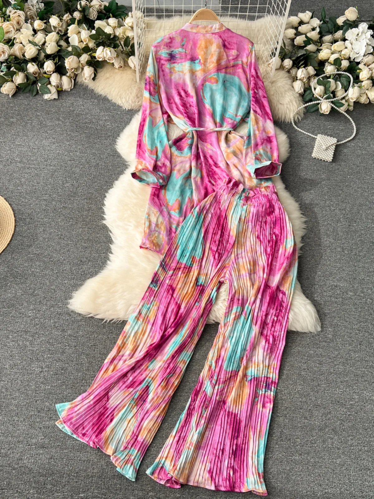 Women's Mid-Length Printed Top And Wide Leg Pants Two-Piece Set High Waist Belted Casual Faion Autumn Collection