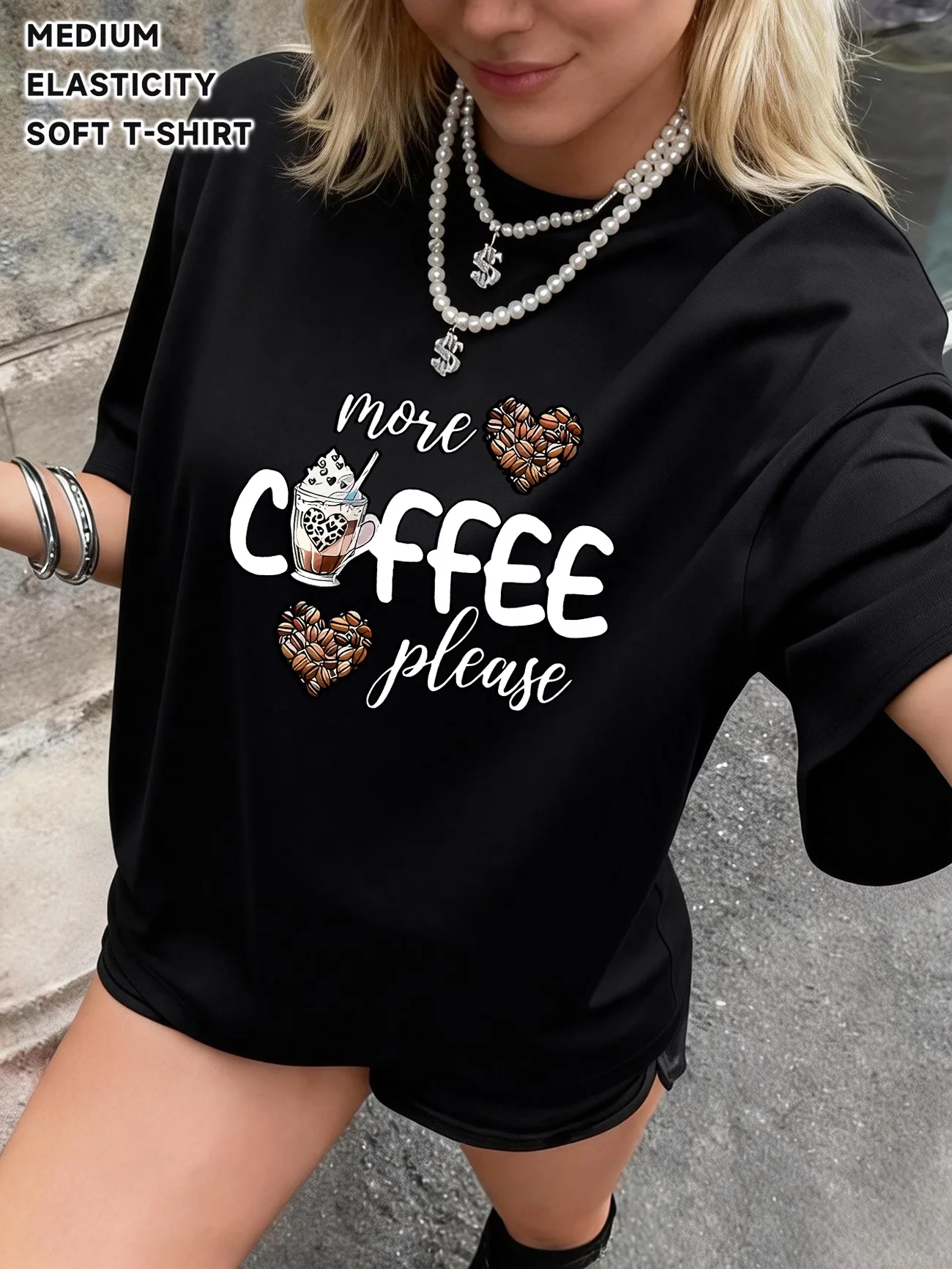 More Coffee Please Graphic T-Shirt Women Summer Short Sleeve Loose Top Cute Coffee Bean Heart Print Tee