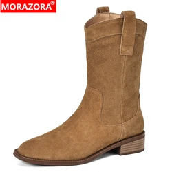 MORAZORA Plus Size 34-42 New Cowgirl Western Boots donna tacchi medi stivali a metà polpaccio Slip On Retro autunno inverno signore mezze scarpe