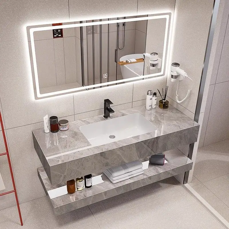 

Modern Hotel Marble Sintered Basin Sink Wood Cabinet Smart LED Mirror Bathroom Vanity