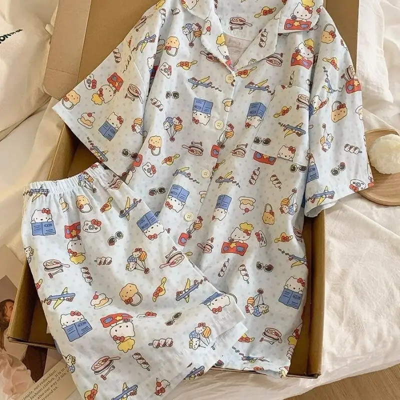 

Корейский комплект пижамы с коротким рукавом и шортами для девочек, летний, новый, милый, для студенток, домашняя одежда, молодежный комплект, удобный и дышащий