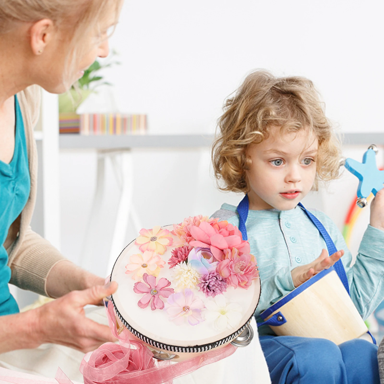 

Streamer Tambourine Kids Drum Percussion H Bells Silk Flower Noise Maker Toddler Party Cheering Instruments