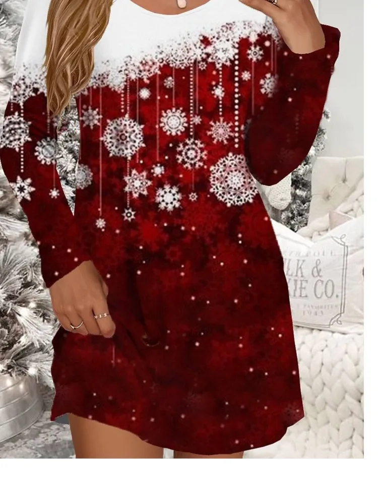 Women Christmas Party Dress New 3D Red Christmas Snowman Printed Dress Long Sleeve O-Neck Casual Loose Mini Dresses Vestidos