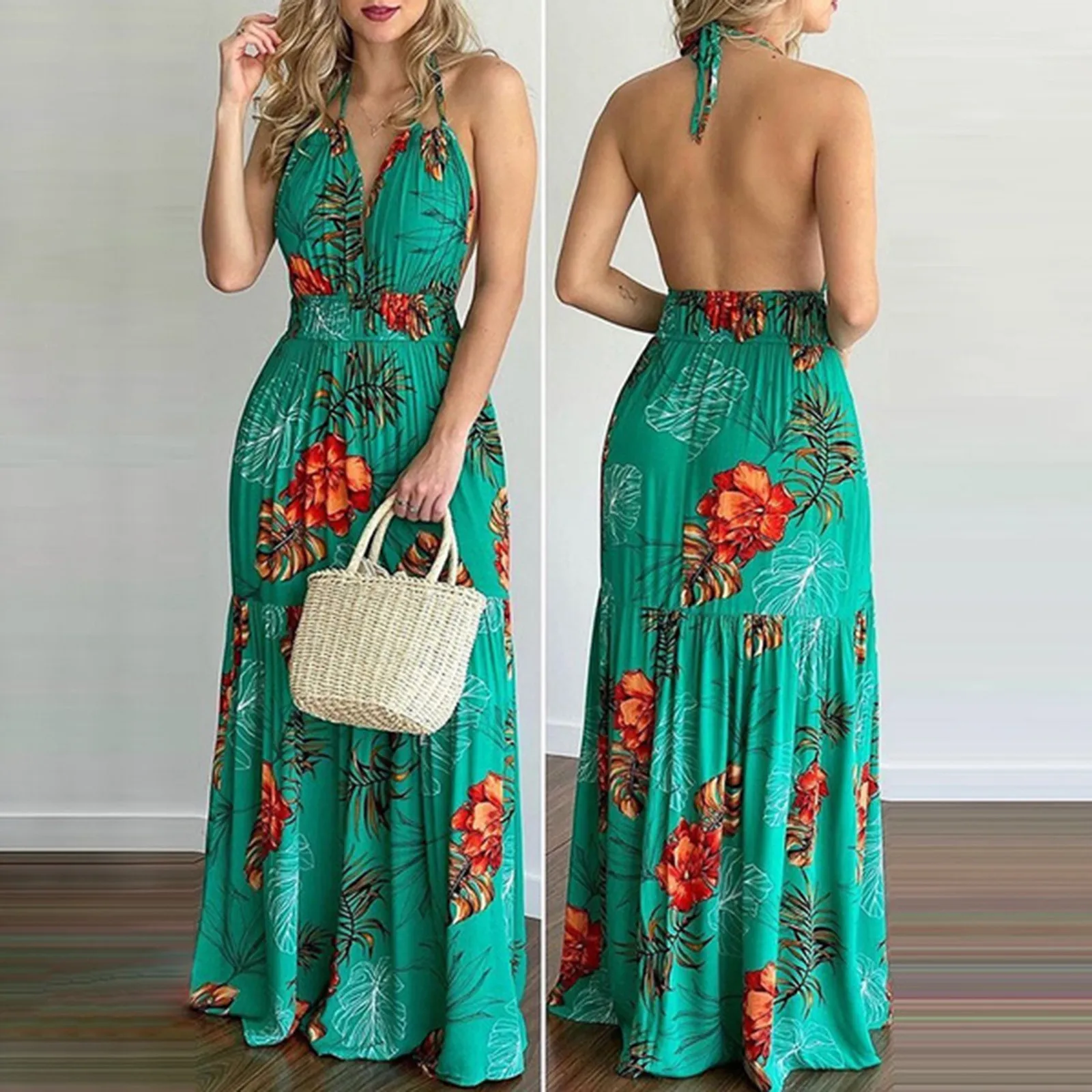 

Summer Long Dress Bohemia Floral Casual Dresses Sexy Backless Halter Strapless 2023 Beach Sundress Vacation Clothes For Women