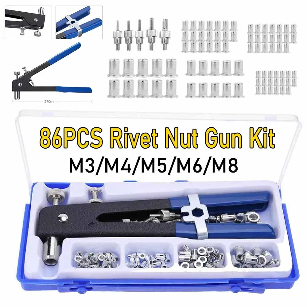 Professional 86pcs Hand Riveter Nut Rivet Guns Kit M3 M4 M5 M6 M8 Manual Threaded Nut Rivet Repair Tool Kit