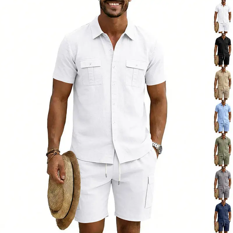 

Men's Casual Linen Shirt Shorts Set Button up Short Sleeve Summer Vacation Loose Fit Color Block Youth Fashion Ensemble