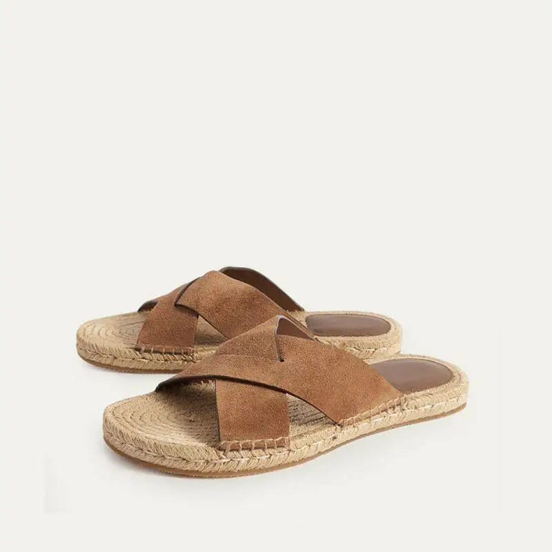 Men's Soft Leather Faux Suede Summer Vintage Slippers Outdoor Breathable Casual Sandals Woven Linen Rope Slip-On Beach Shoes