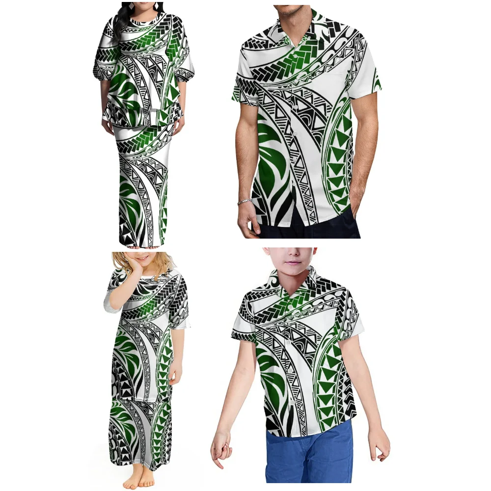 High Quality Custom Polynesia Family Dress Floral Print Bubble Sleeve Double Hem Puletasi Women Suit Skirt Men Casual Shirt